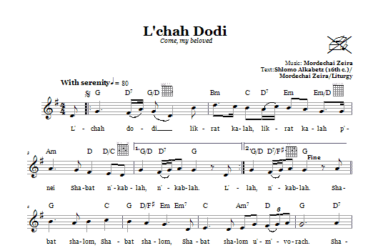 Mordechai Zeira L'chah Dodi (Come, My Beloved) sheet music notes and chords. Download Printable PDF.