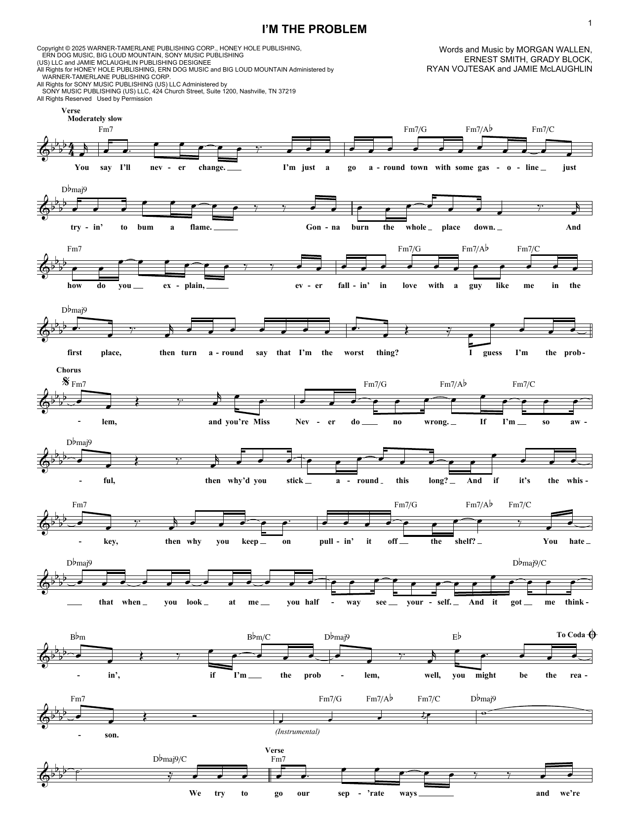 Learn to play Morgan Wallen I'm The Problem sheet music for Lead Sheet / Fake Book in minutes. Price: 5.9900$ Morgan Wallen I'm The Problem sheet music notes and chords arranged for Lead Sheet / Fake Book