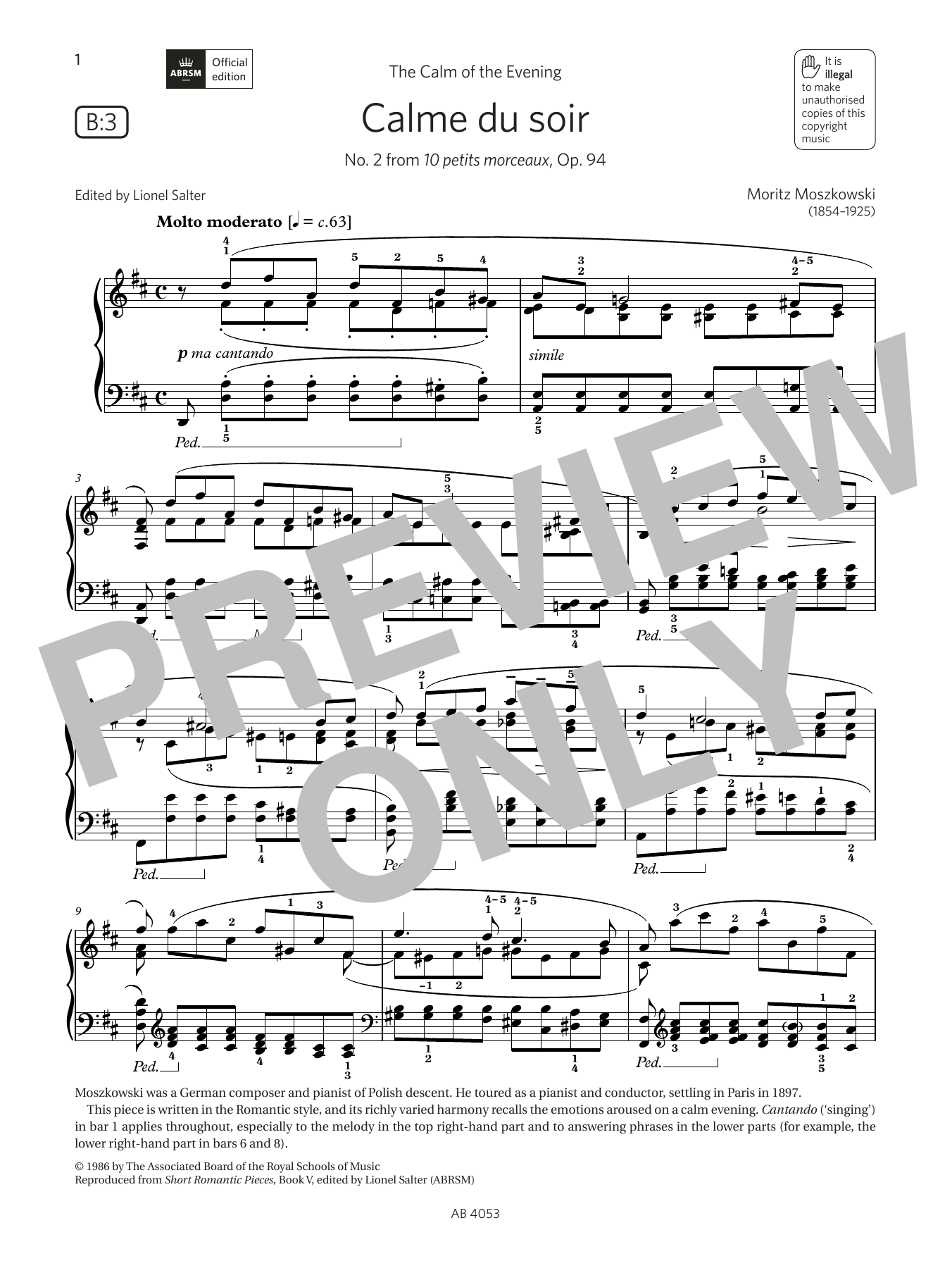 Moritz Moszkowski Calme du soir (Grade 7, list B3, from the ABRSM Piano Syllabus 2023 & 2024) sheet music notes and chords. Download Printable PDF.