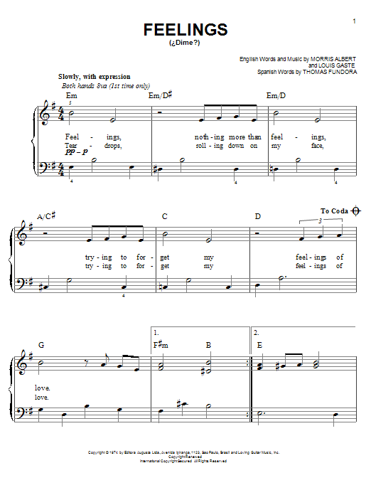 Morris Albert Feelings sheet music notes and chords. Download Printable PDF.