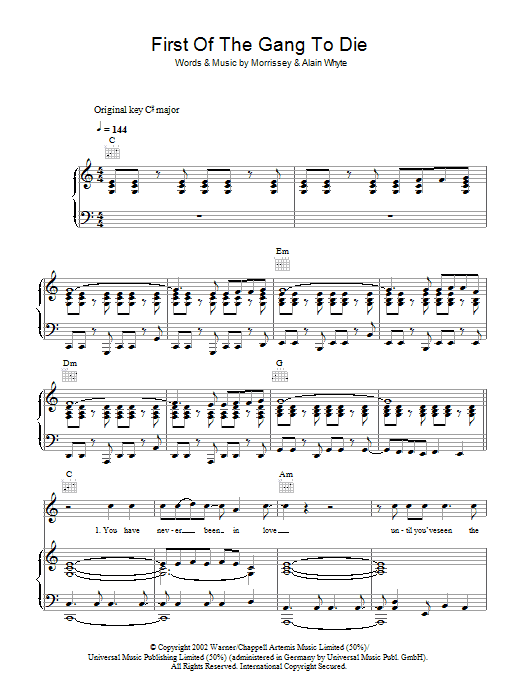 Morrissey First Of The Gang To Die sheet music notes and chords. Download Printable PDF.