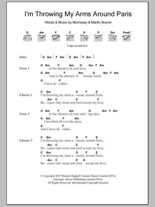 Morrissey I'm Throwing My Arms Around Paris sheet music notes and chords. Download Printable PDF.