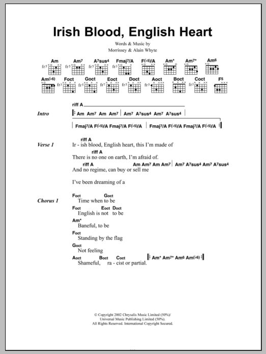 Morrissey Irish Blood, English Heart sheet music notes and chords. Download Printable PDF.