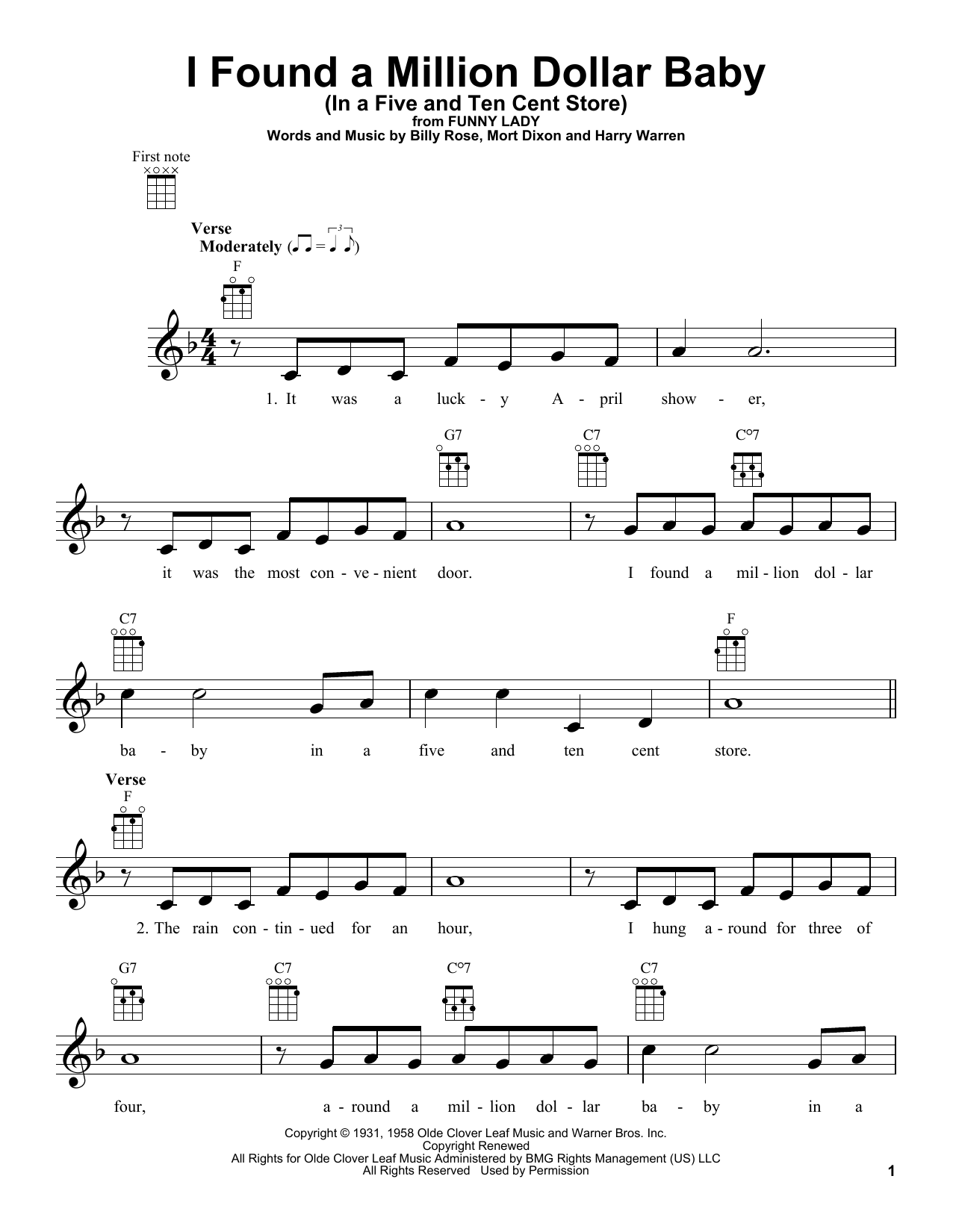 Learn to play Mort Dixon I Found A Million Dollar Baby (In A Five And Ten Cent Store) sheet music for Ukulele in minutes. Price: 5.9900$ Mort Dixon I Found A Million Dollar Baby (In A Five And Ten Cent Store) sheet music notes and chords arranged for Ukulele