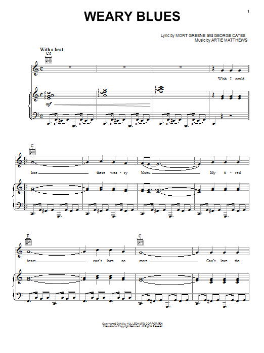 Learn to play Mort Greene Weary Blues sheet music for Piano, Vocal & Guitar Chords (Right-Hand Melody) in minutes. Price: 7.8900$ Mort Greene Weary Blues sheet music notes and chords arranged for Piano, Vocal & Guitar Chords (Right-Hand Melody)