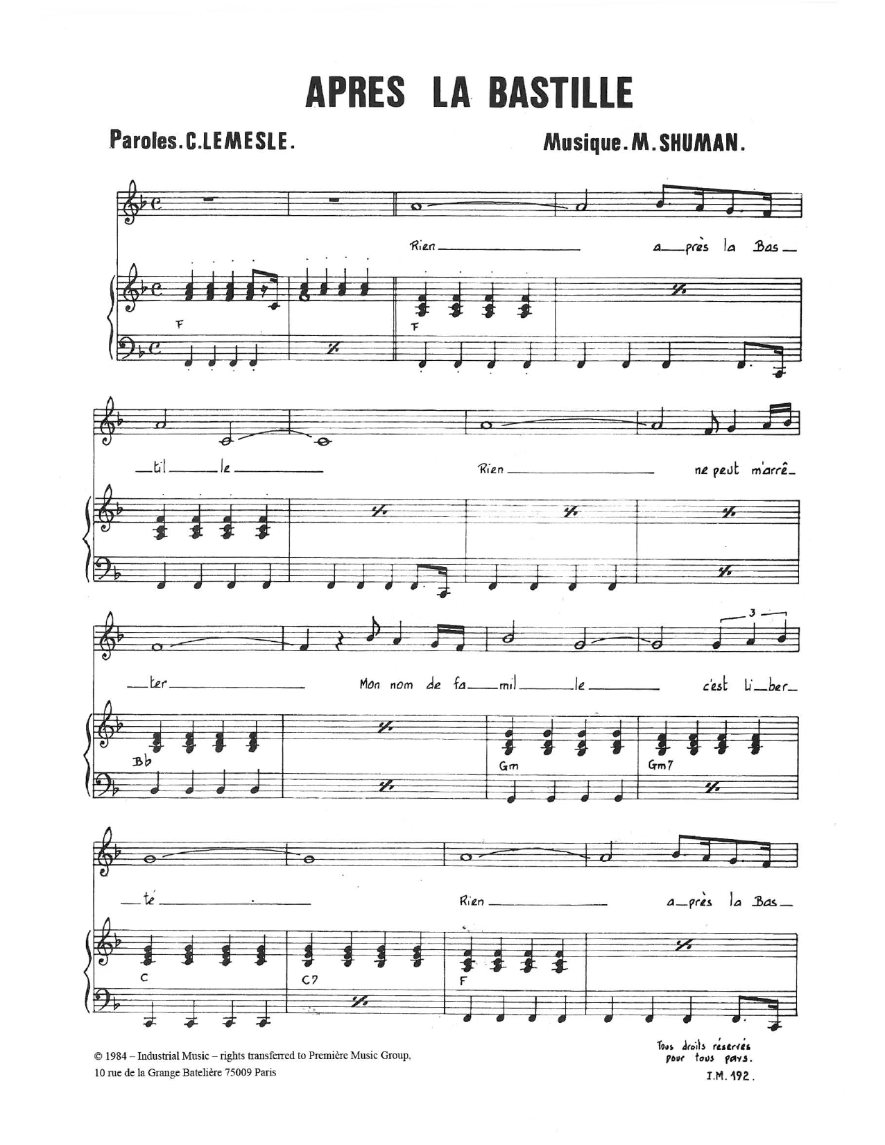 Learn to play Mort Shuman Apres La Bastille sheet music for Piano & Vocal in minutes. Price: 7.8900$ Mort Shuman Apres La Bastille sheet music notes and chords arranged for Piano & Vocal