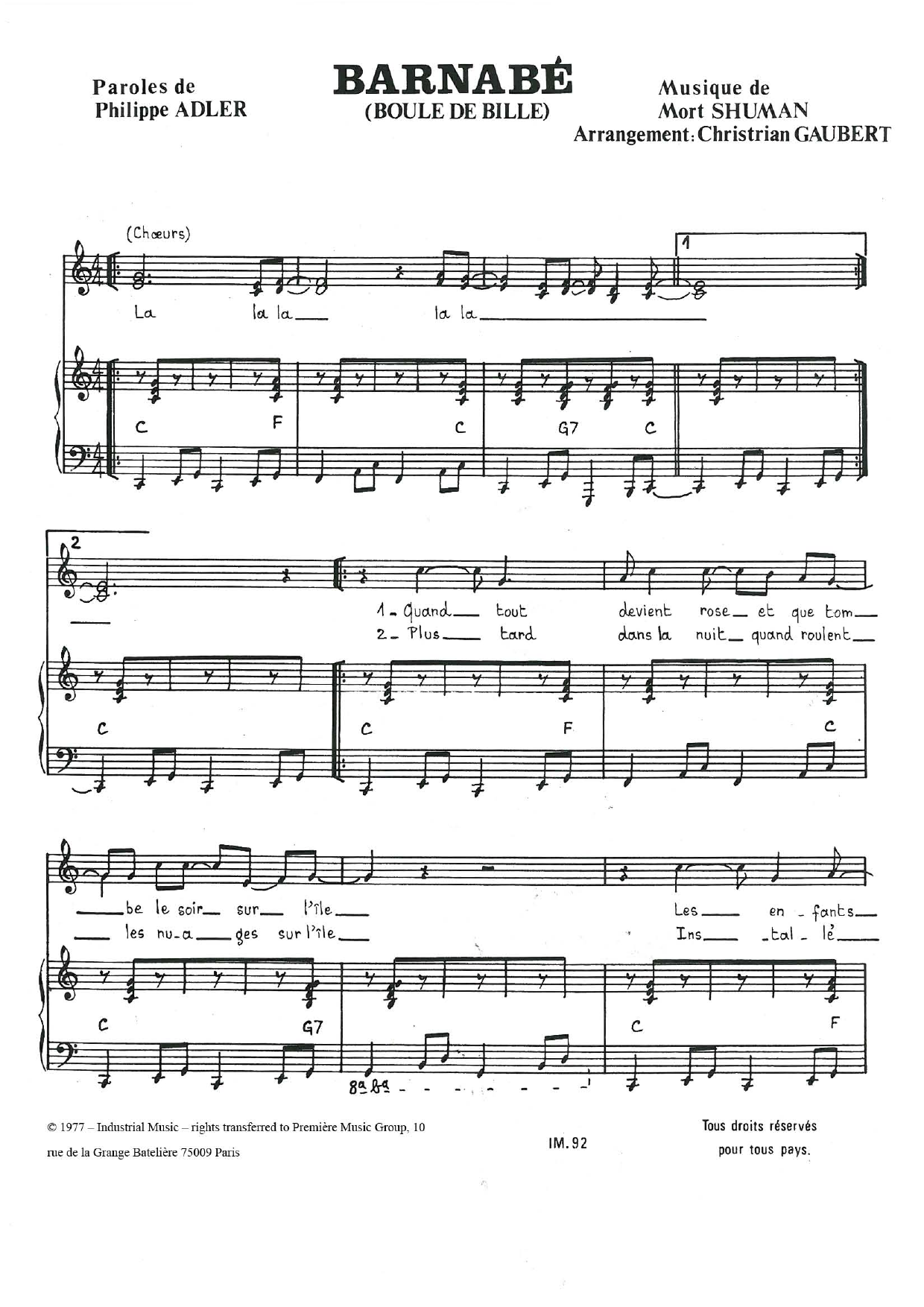 Mort Shuman Barnabe (Boule De Bille) sheet music notes and chords arranged for Piano & Vocal