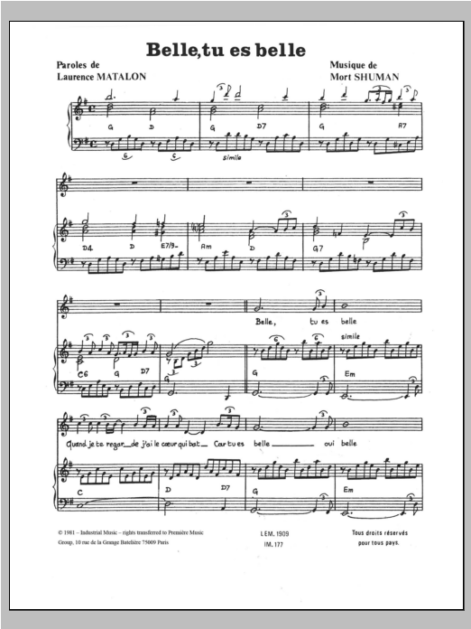 Learn to play Mort Shuman Belle, Tu Es Belle sheet music for Piano, Vocal & Guitar Chords in minutes. Price: 7.8900$ Mort Shuman Belle, Tu Es Belle sheet music notes and chords arranged for Piano, Vocal & Guitar Chords