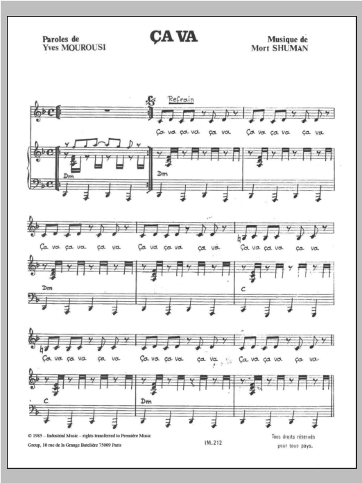 Learn to play Mort Shuman Ca Va sheet music for Piano, Vocal & Guitar Chords in minutes. Price: 7.8900$ Mort Shuman Ca Va sheet music notes and chords arranged for Piano, Vocal & Guitar Chords