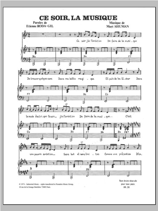 Learn to play Mort Shuman Ce Soir La Musique sheet music for Piano, Vocal & Guitar Chords in minutes. Price: 7.8900$ Mort Shuman Ce Soir La Musique sheet music notes and chords arranged for Piano, Vocal & Guitar Chords