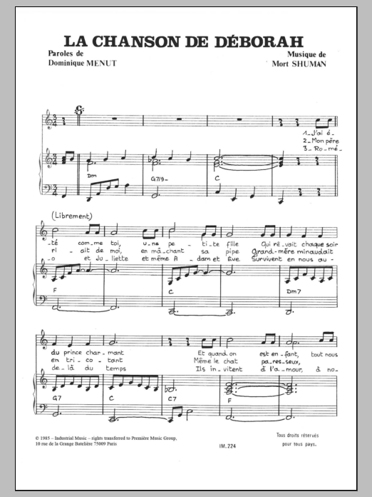 Learn to play Mort Shuman Chanson De Deborah sheet music for Piano & Vocal in minutes. Price: 7.8900$ Mort Shuman Chanson De Deborah sheet music notes and chords arranged for Piano & Vocal