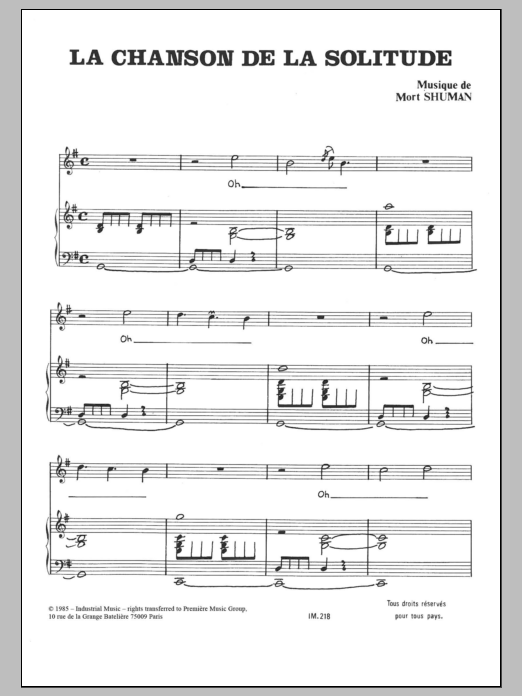 Learn to play Mort Shuman Chanson De La Solitude sheet music for Piano & Vocal in minutes. Price: 7.8900$ Mort Shuman Chanson De La Solitude sheet music notes and chords arranged for Piano & Vocal