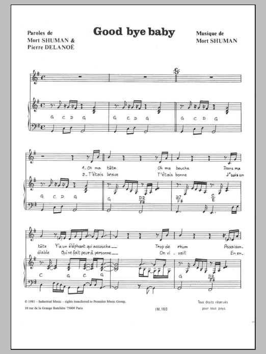 Learn to play Mort Shuman Good Bye Baby sheet music for Piano & Vocal in minutes. Price: 7.8900$ Mort Shuman Good Bye Baby sheet music notes and chords arranged for Piano & Vocal