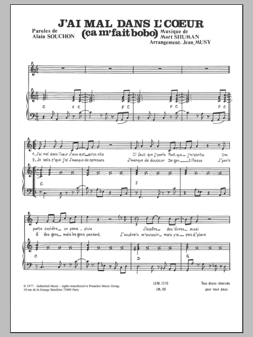 Learn to play Mort Shuman J'ai Mal Dans L'coeur (Ca Me Fait Bobo) sheet music for Piano & Vocal in minutes. Price: 7.8900$ Mort Shuman J'ai Mal Dans L'coeur (Ca Me Fait Bobo) sheet music notes and chords arranged for Piano & Vocal