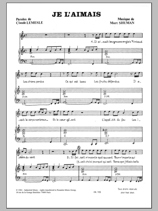 Learn to play Mort Shuman Je L'aimais sheet music for Piano & Vocal in minutes. Price: 7.8900$ Mort Shuman Je L'aimais sheet music notes and chords arranged for Piano & Vocal