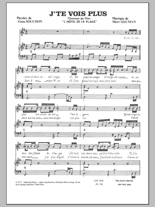 Learn to play Mort Shuman J'te Vois Plus sheet music for Piano & Vocal in minutes. Price: 7.8900$ Mort Shuman J'te Vois Plus sheet music notes and chords arranged for Piano & Vocal
