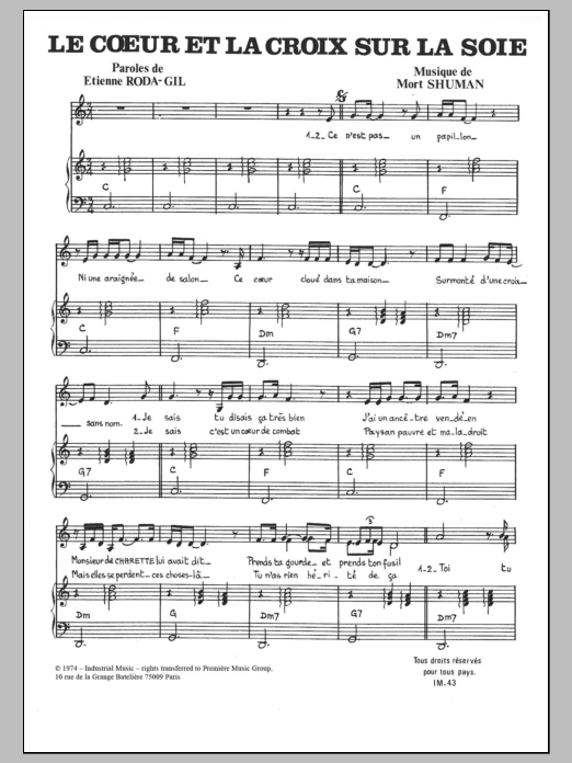 Learn to play Mort Shuman La Croix Et Le Coeur Sur La Soie sheet music for Piano & Vocal in minutes. Price: 7.8900$ Mort Shuman La Croix Et Le Coeur Sur La Soie sheet music notes and chords arranged for Piano & Vocal
