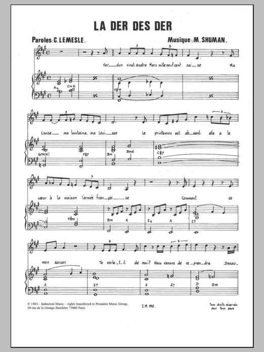 Learn to play Mort Shuman La Der Des Der sheet music for Piano & Vocal in minutes. Price: 7.8900$ Mort Shuman La Der Des Der sheet music notes and chords arranged for Piano & Vocal