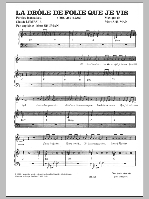 Learn to play Mort Shuman La Drole De Folie Que Je Vis sheet music for Piano & Vocal in minutes. Price: 7.8900$ Mort Shuman La Drole De Folie Que Je Vis sheet music notes and chords arranged for Piano & Vocal