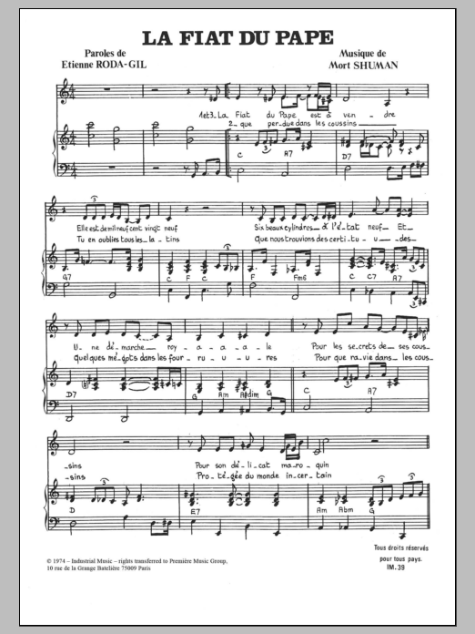 Learn to play Mort Shuman La Fiat Du Pape sheet music for Piano & Vocal in minutes. Price: 7.8900$ Mort Shuman La Fiat Du Pape sheet music notes and chords arranged for Piano & Vocal