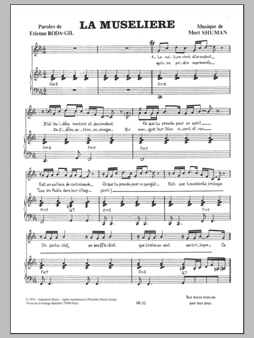 Learn to play Mort Shuman La Museliere sheet music for Piano & Vocal in minutes. Price: 7.8900$ Mort Shuman La Museliere sheet music notes and chords arranged for Piano & Vocal