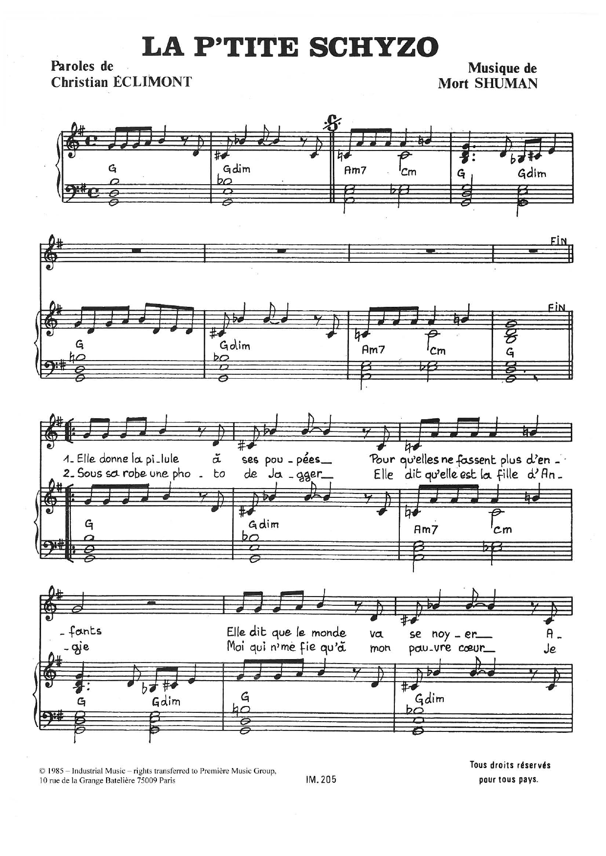 Learn to play Mort Shuman La P'tite Schyzo sheet music for Piano & Vocal in minutes. Price: 7.8900$ Mort Shuman La P'tite Schyzo sheet music notes and chords arranged for Piano & Vocal