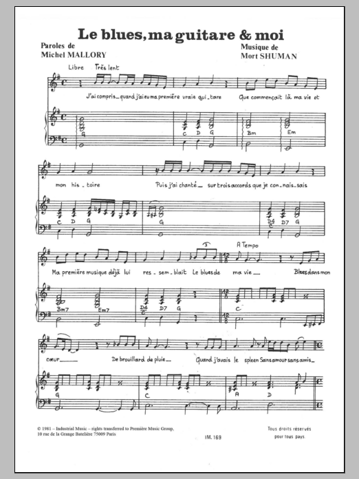Mort Shuman Le Blues Ma Guitare Et Moi sheet music notes and chords arranged for Piano & Vocal