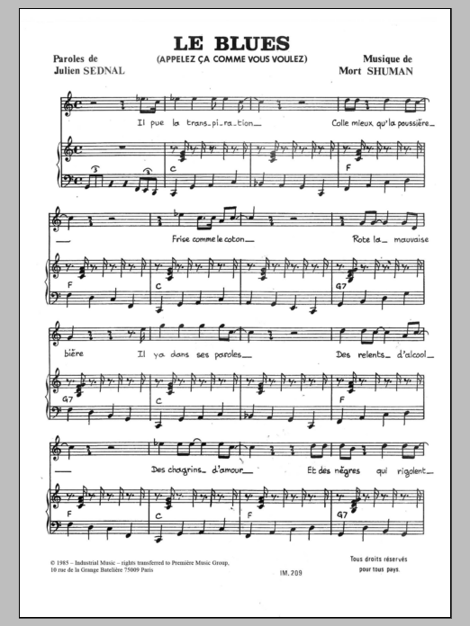 Learn to play Mort Shuman Le Blues sheet music for Piano & Vocal in minutes. Price: 7.8900$ Mort Shuman Le Blues sheet music notes and chords arranged for Piano & Vocal