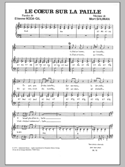 Learn to play Mort Shuman Le Coeur Sur La Paille sheet music for Piano & Vocal in minutes. Price: 7.8900$ Mort Shuman Le Coeur Sur La Paille sheet music notes and chords arranged for Piano & Vocal