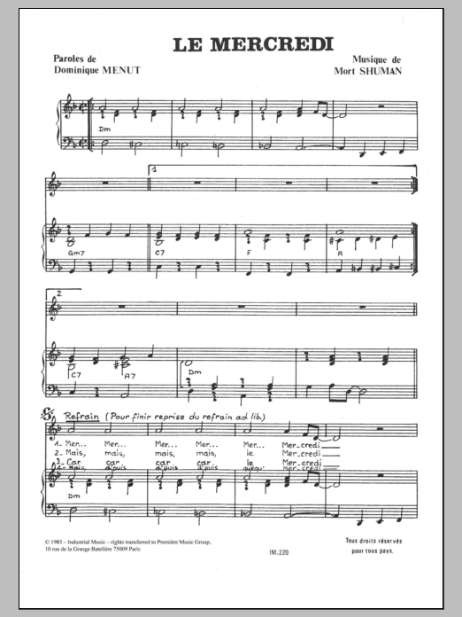 Learn to play Mort Shuman Le Mercredi sheet music for Piano & Vocal in minutes. Price: 7.8900$ Mort Shuman Le Mercredi sheet music notes and chords arranged for Piano & Vocal