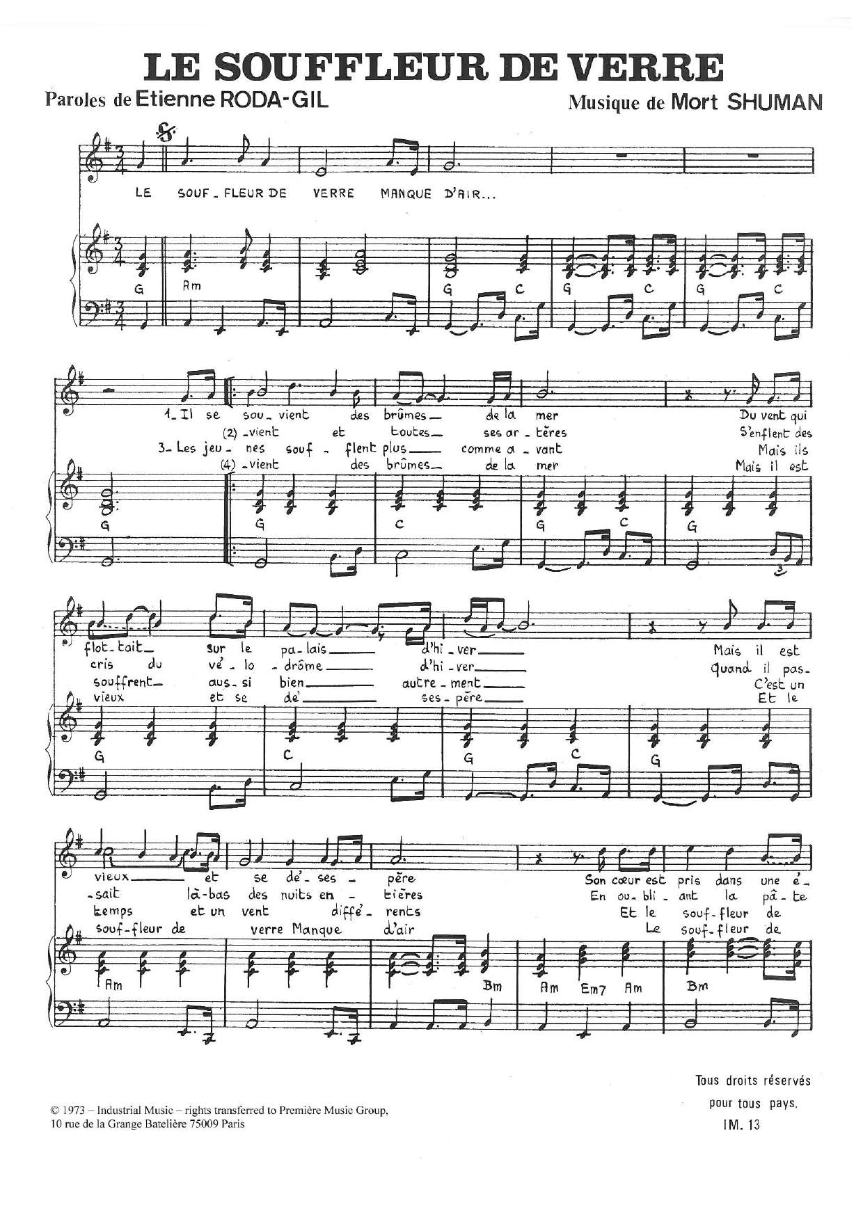 Learn to play Mort Shuman Le Souffleur De Verre sheet music for Piano & Vocal in minutes. Price: 7.8900$ Mort Shuman Le Souffleur De Verre sheet music notes and chords arranged for Piano & Vocal
