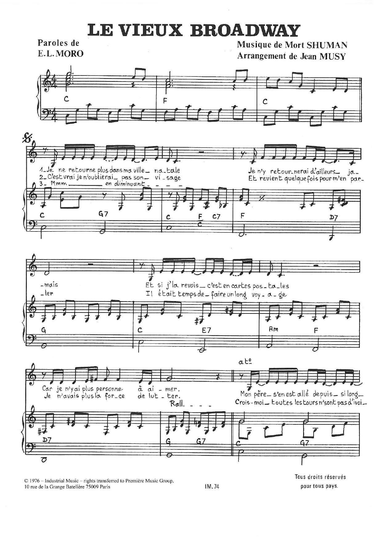 Learn to play Mort Shuman Le Vieux Broadway sheet music for Piano & Vocal in minutes. Price: 7.8900$ Mort Shuman Le Vieux Broadway sheet music notes and chords arranged for Piano & Vocal