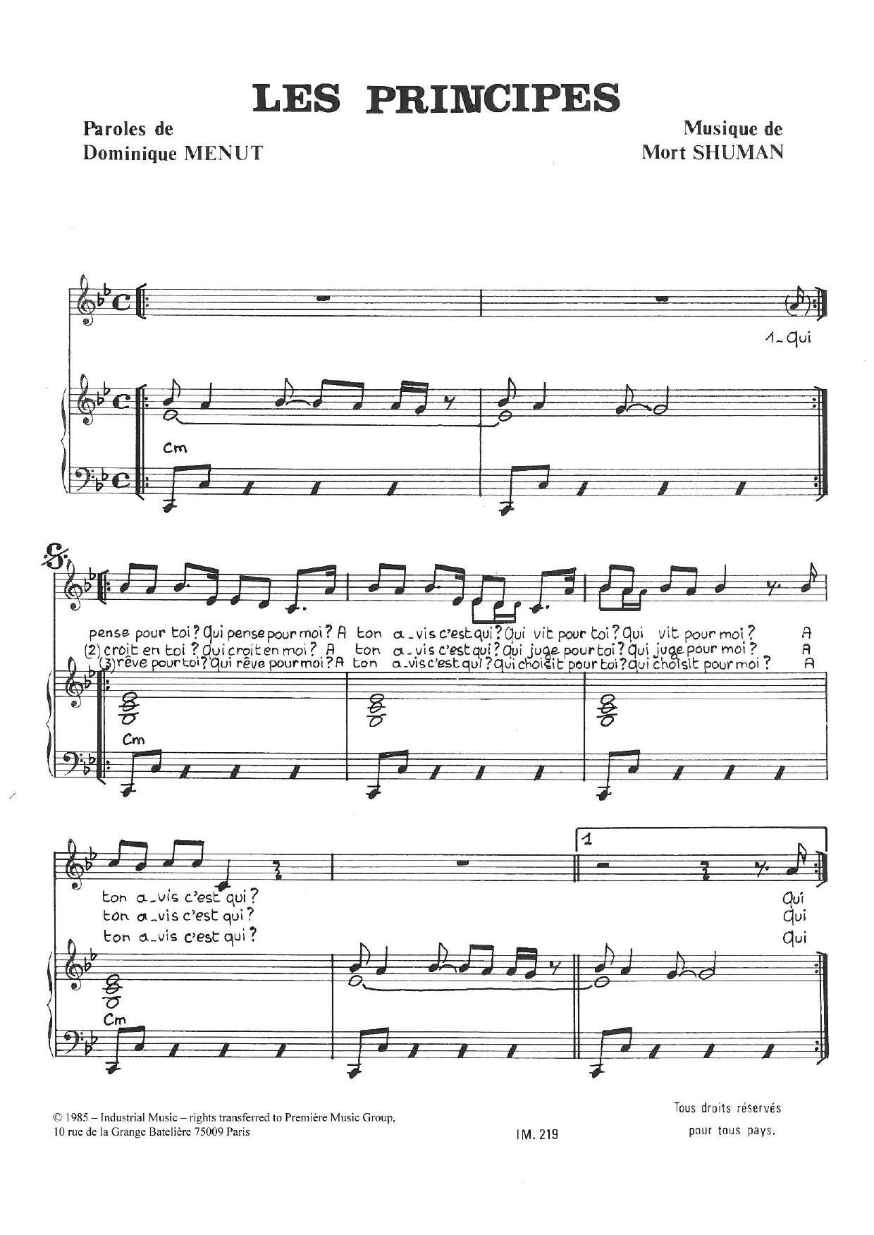 Learn to play Mort Shuman Les Principes sheet music for Piano & Vocal in minutes. Price: 7.8900$ Mort Shuman Les Principes sheet music notes and chords arranged for Piano & Vocal