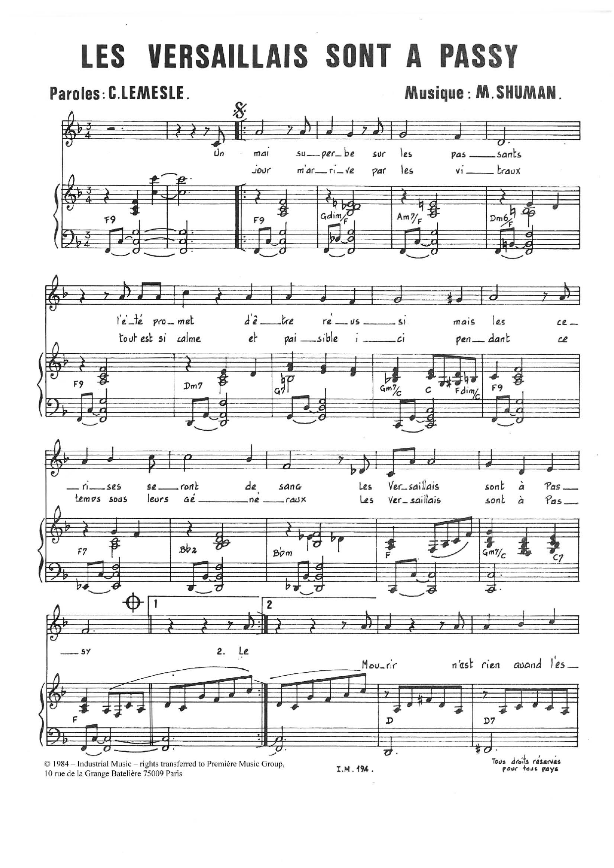 Learn to play Mort Shuman Les Versaillais Sont À Passy sheet music for Piano & Vocal in minutes. Price: 7.8900$ Mort Shuman Les Versaillais Sont À Passy sheet music notes and chords arranged for Piano & Vocal