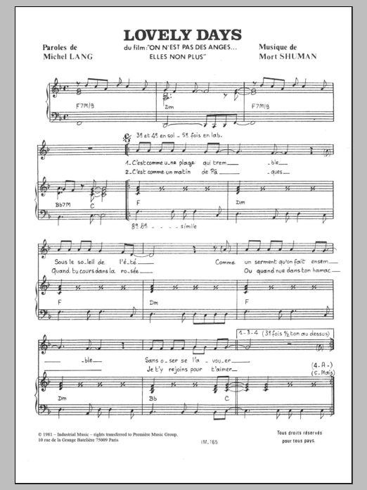 Learn to play Mort Shuman Lovely Days sheet music for Piano & Vocal in minutes. Price: 7.8900$ Mort Shuman Lovely Days sheet music notes and chords arranged for Piano & Vocal