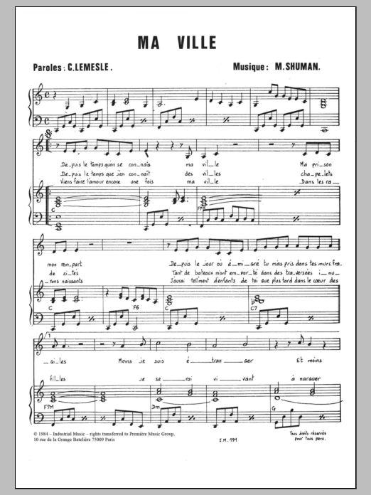 Learn to play Mort Shuman Ma Ville sheet music for Piano & Vocal in minutes. Price: 7.8900$ Mort Shuman Ma Ville sheet music notes and chords arranged for Piano & Vocal