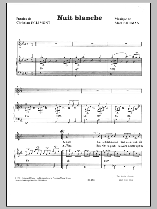 Learn to play Mort Shuman Nuit Blanche sheet music for Piano & Vocal in minutes. Price: 7.8900$ Mort Shuman Nuit Blanche sheet music notes and chords arranged for Piano & Vocal