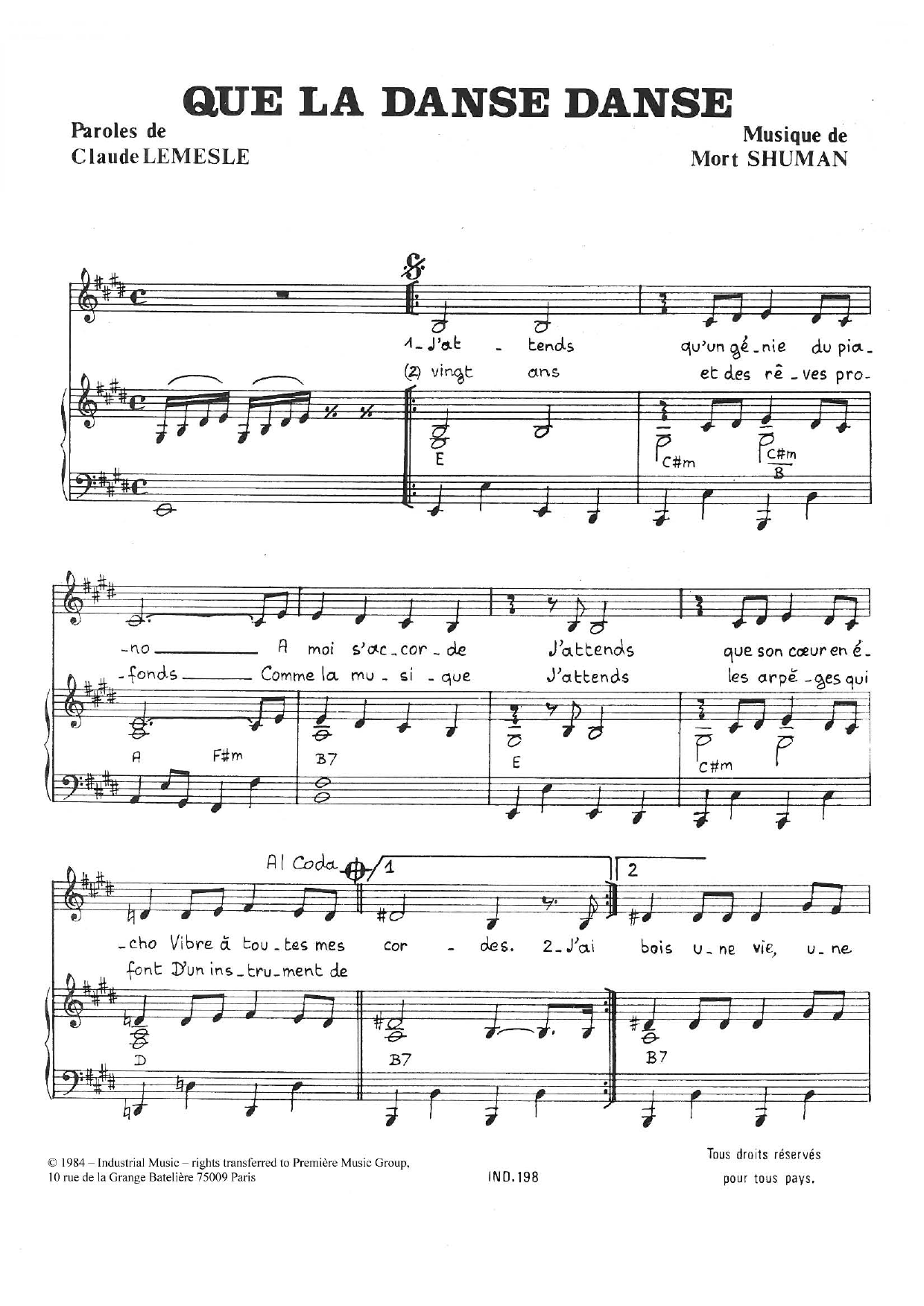 Learn to play Mort Shuman Que La Danse Danse sheet music for Piano & Vocal in minutes. Price: 7.8900$ Mort Shuman Que La Danse Danse sheet music notes and chords arranged for Piano & Vocal