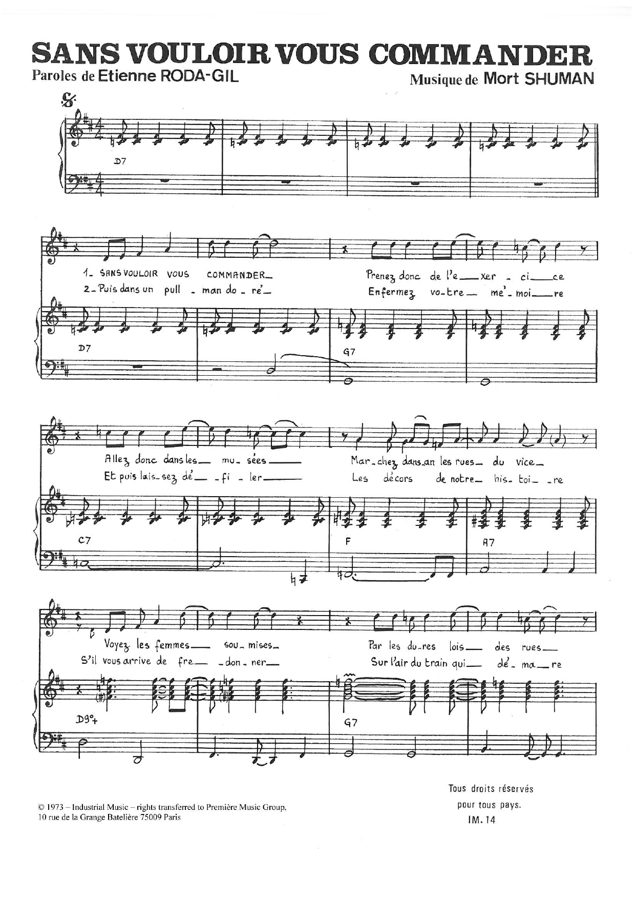 Learn to play Mort Shuman Sans Vouloir Vous Commander sheet music for Piano & Vocal in minutes. Price: 7.8900$ Mort Shuman Sans Vouloir Vous Commander sheet music notes and chords arranged for Piano & Vocal