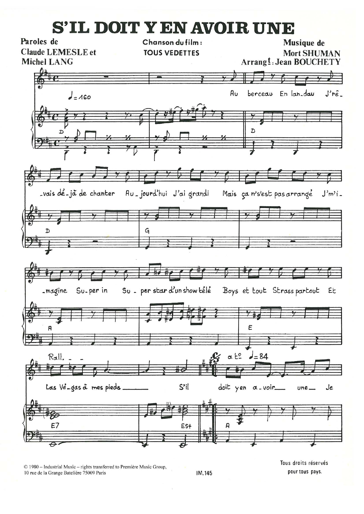 Learn to play Mort Shuman S'il Doit Y En Avoir Une sheet music for Piano & Vocal in minutes. Price: 7.8900$ Mort Shuman S'il Doit Y En Avoir Une sheet music notes and chords arranged for Piano & Vocal