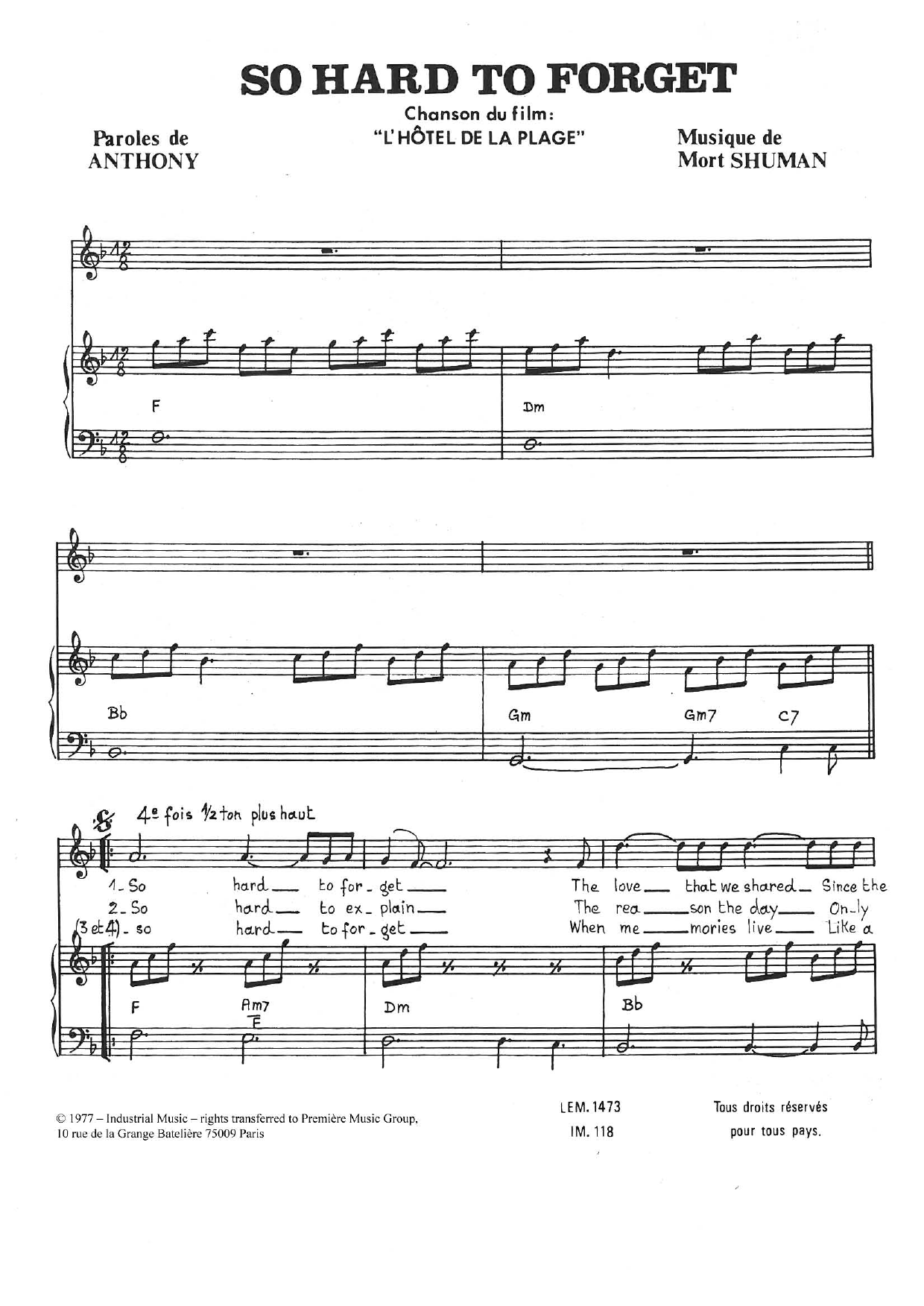 Mort Shuman So Hard To Forget sheet music notes and chords. Download Printable PDF.