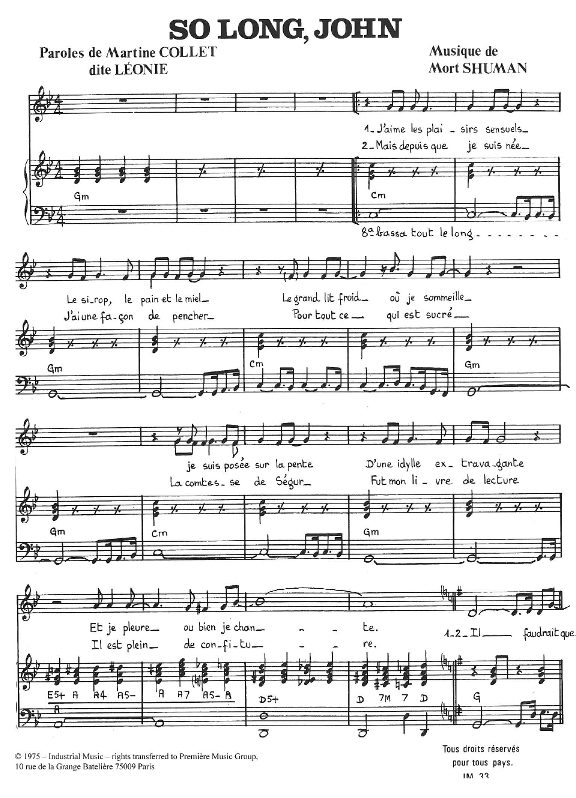 Learn to play Mort Shuman So Long John sheet music for Piano & Vocal in minutes. Price: 7.8900$ Mort Shuman So Long John sheet music notes and chords arranged for Piano & Vocal