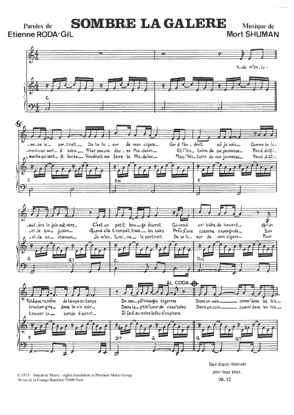 Mort Shuman Sombre La Galère sheet music notes and chords arranged for Piano & Vocal