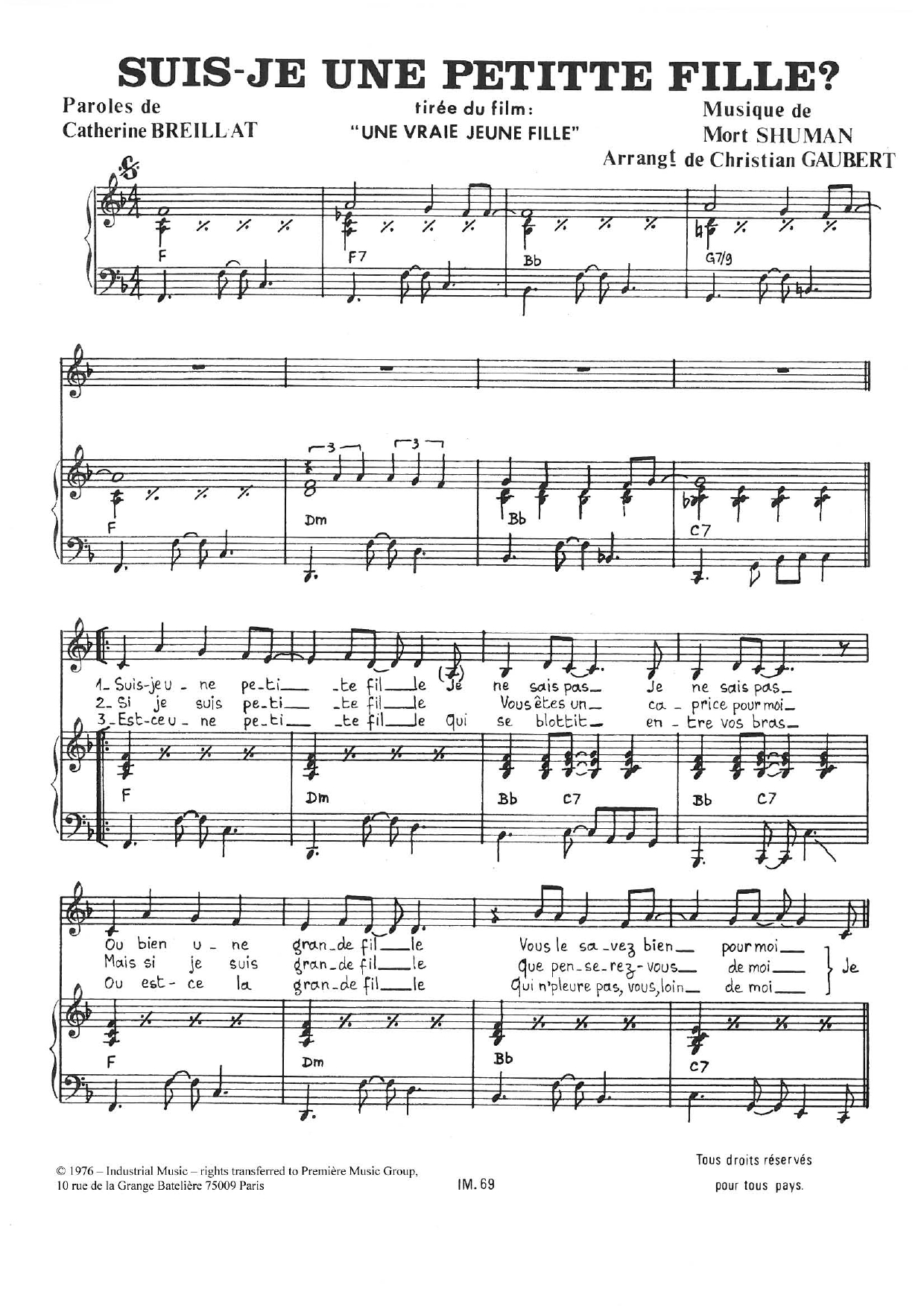 Learn to play Mort Shuman Suis-Je Une Petite Fille sheet music for Piano & Vocal in minutes. Price: 7.8900$ Mort Shuman Suis-Je Une Petite Fille sheet music notes and chords arranged for Piano & Vocal