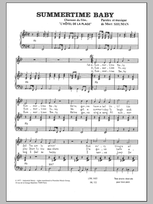 Learn to play Mort Shuman Summertime Baby sheet music for Piano & Vocal in minutes. Price: 7.8900$ Mort Shuman Summertime Baby sheet music notes and chords arranged for Piano & Vocal