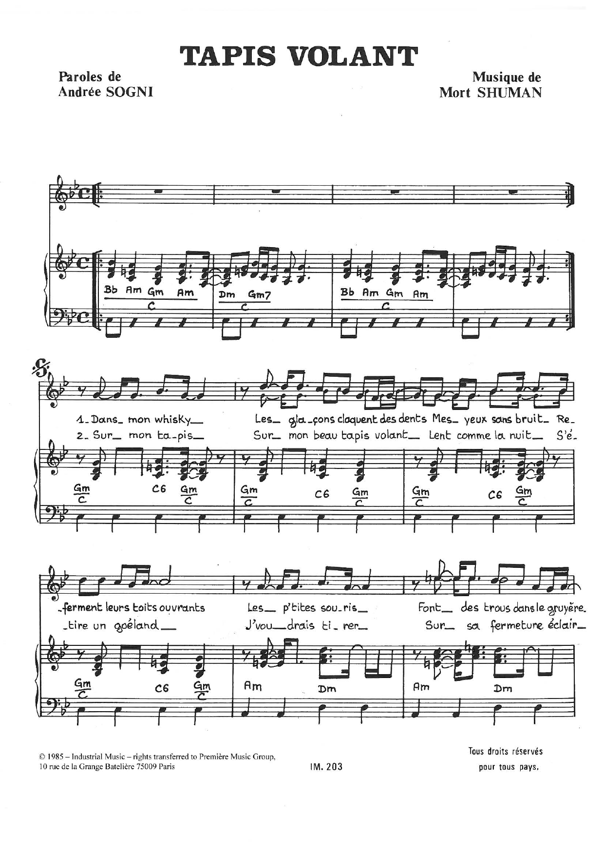 Learn to play Mort Shuman Tapis Volant sheet music for Piano & Vocal in minutes. Price: 7.8900$ Mort Shuman Tapis Volant sheet music notes and chords arranged for Piano & Vocal