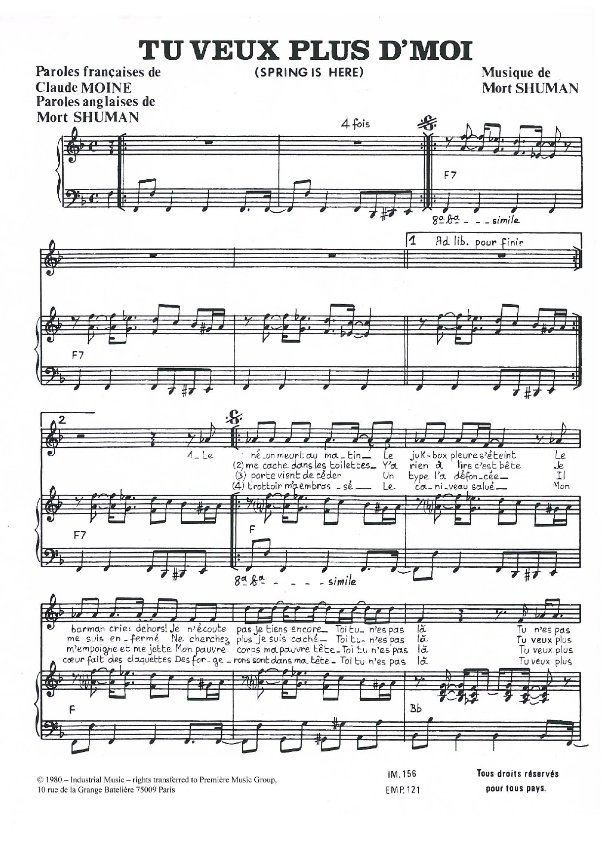 Learn to play Mort Shuman Tu Veux Plus D'moi sheet music for Piano & Vocal in minutes. Price: 7.8900$ Mort Shuman Tu Veux Plus D'moi sheet music notes and chords arranged for Piano & Vocal