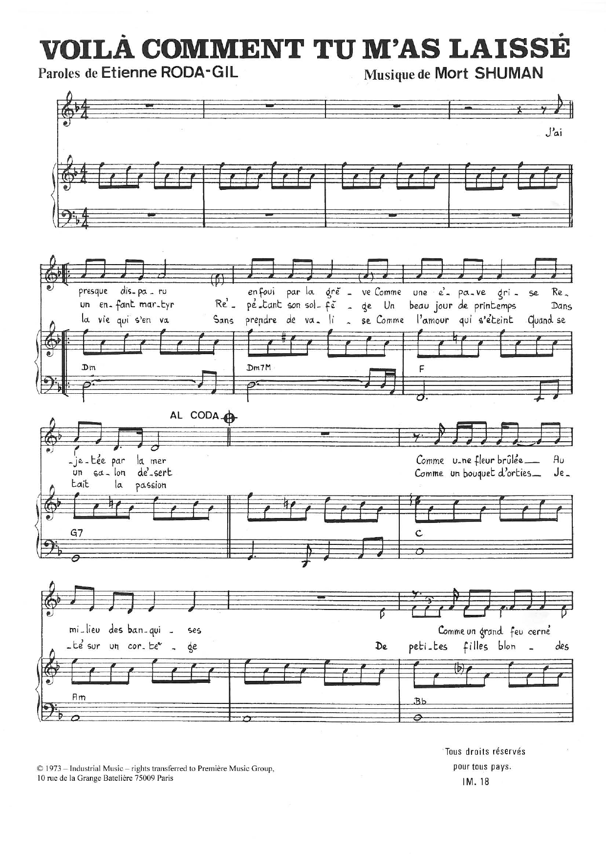 Learn to play Mort Shuman Voilà Comment Tu M'as Laissé sheet music for Piano & Vocal in minutes. Price: 7.8900$ Mort Shuman Voilà Comment Tu M'as Laissé sheet music notes and chords arranged for Piano & Vocal