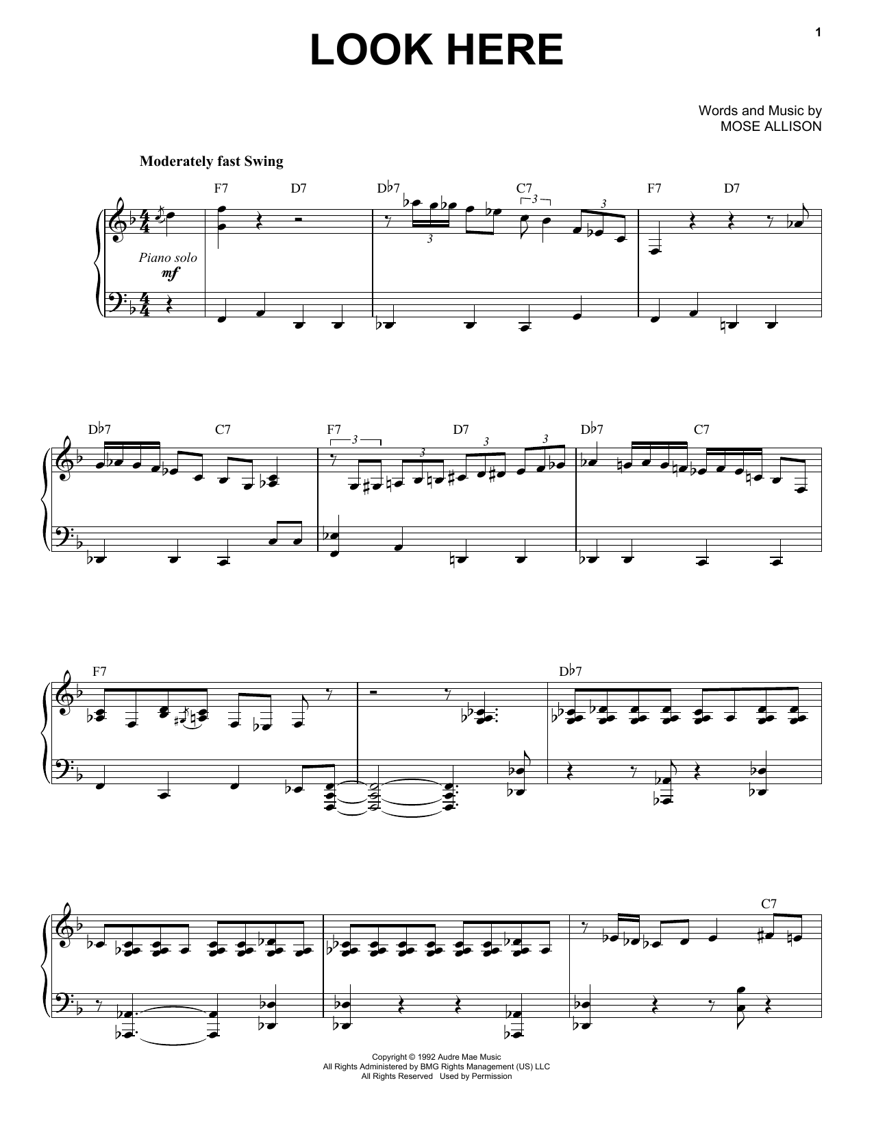 Mose Allison Look Here sheet music notes and chords arranged for Piano & Vocal