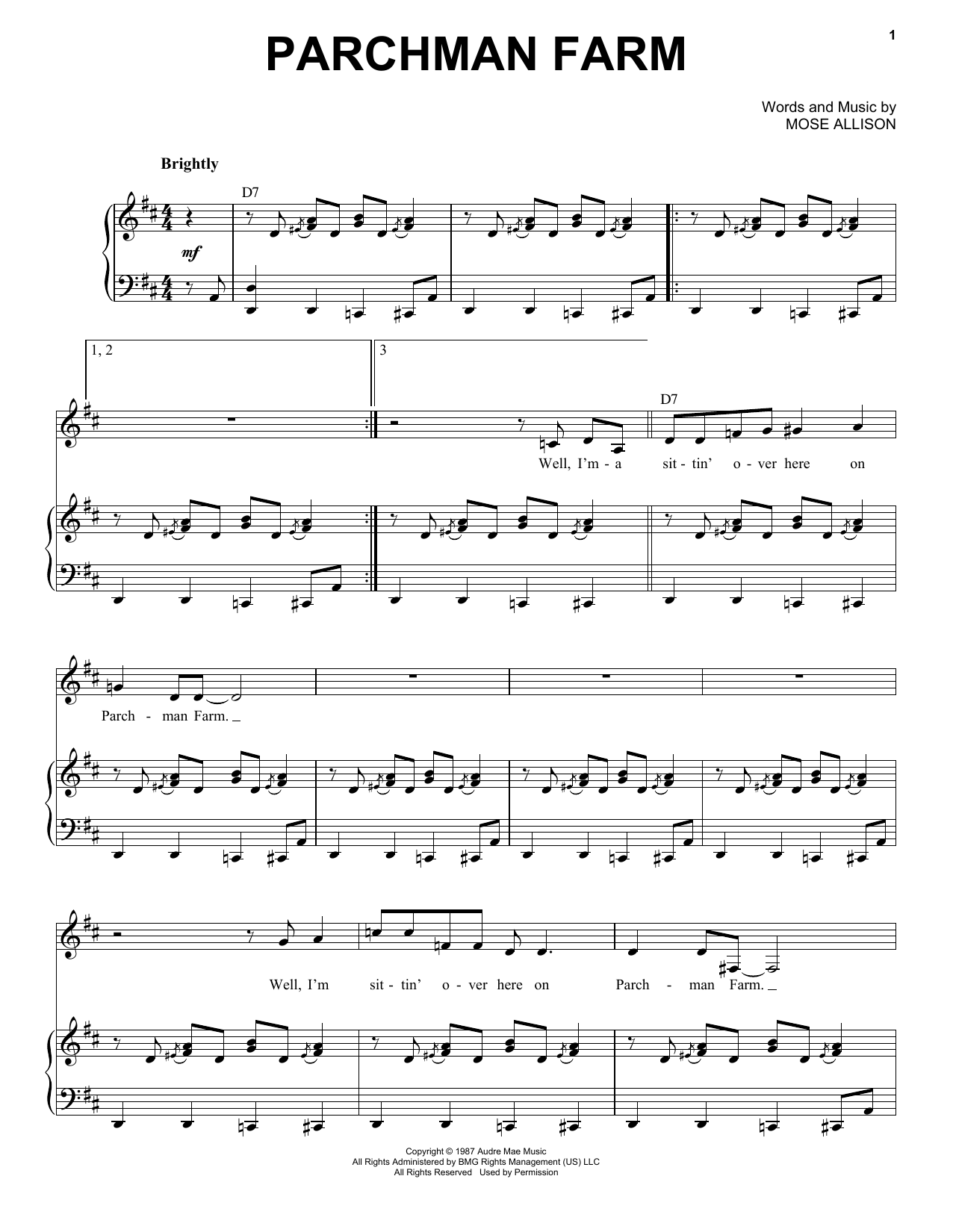 Mose Allison Parchman Farm sheet music notes and chords arranged for Piano & Vocal